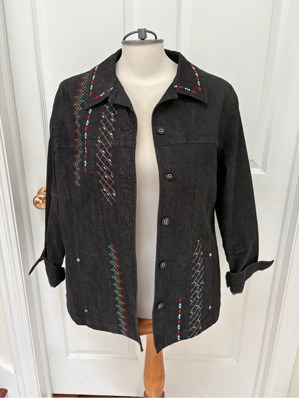 Alia Black Embroidered Button-Front Jacket with Multicolor Accents ladies